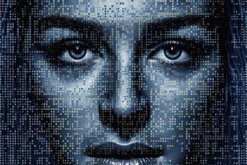 Wall Mural - digital hologram of female face looking from futuristic screen. interaction with artificial intellig
