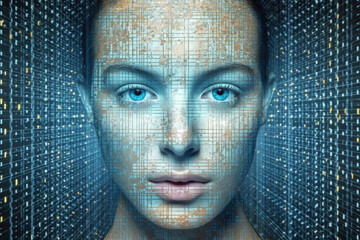 Wall Mural - digital hologram of female face looking from futuristic screen. interaction with artificial intellig