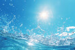 Splash of water against summer blue sky and sun background, Generative AI 