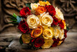 a bouquet of red, white and yellow roses