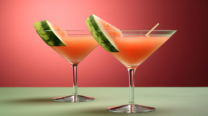 Wall Mural - Watermelon martini with slice of watermelon on white background. Generative ai