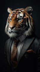 Wall Mural - Serious tiger - a businessman in a business suit: shirt, jacket and tie, stands with folded hands. illustration Generative AI