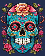 Colorful Sugar Skull Adorned With Intricate Floral Patterns, Vector Illustration