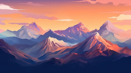 Canvas Print - Flat landscape with Mountain Peaks and purple gradient sky. Generative ai