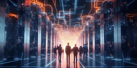 Digital graphics Futuristic 3D Concept, Big Data Center , Chief Technology Officers Standing In Warehouse, Information Digitalization Lines, technology and data, Generative AI.