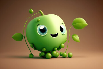 Wall Mural - Cute green pea 3d cartoon character. Peas seed vegetable with sprout leaves. Funny mascot on flat background, copy space. Generative AI 3d render illustration imitation.