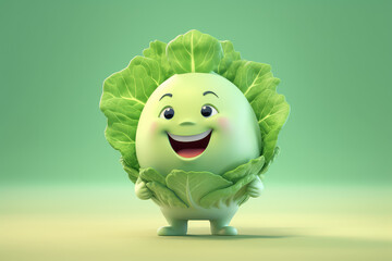 Wall Mural - Cute green cabbage 3d cartoon character. White cabbage vegetable with face and leaves. Funny mascot on flat green background, copy space. Generative AI 3d render illustration imitation.