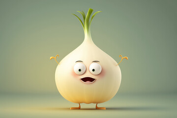 Canvas Print - Pretty white onion 3d cartoon character. Ripe onion vegetable with eyes and sprout. Funny mascot on flat background, copy space. Generative AI 3d render illustration imitation.