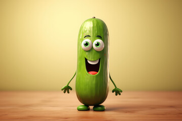 Canvas Print - Cute green cucumber 3d cartoon character. Ripe cucumber vegetable with eyes. Funny mascot on flat beige background, copy space. Generative AI 3d render illustration imitation.