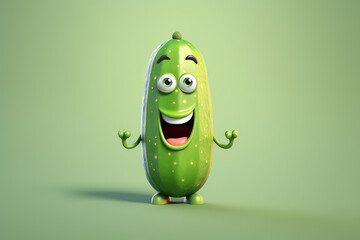 Canvas Print - Cute green cucumber 3d cartoon character. Ripe cucumber vegetable with eyes, banner template. Funny mascot on flat background, copy space. Generative AI 3d render illustration imitation.