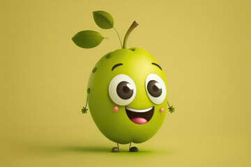 Poster - Cute green olive 3d cartoon character. Ripe oliv vegetable with leaves. Funny mascot on flat background, text space. Generative AI 3d render illustration imitation.