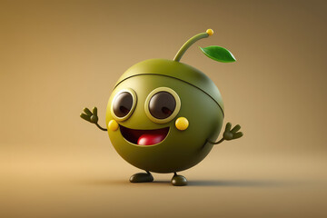 Poster - Cute green olive 3d cartoon character. Ripe oliv vegetable with leaves. Funny mascot on flat background, copy space. Generative AI 3d render illustration imitation.