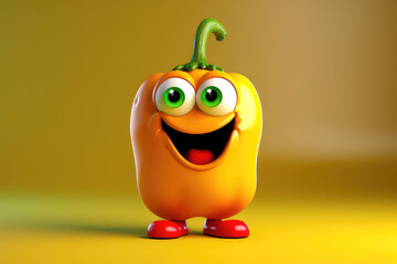 Sticker - Pretty yellow bell pepper 3d cartoon character. Ripe pepper vegetable with eyes. Funny mascot on flat background, text space. Generative AI 3d render illustration imitation.