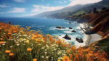 Flowers Overlook The Pacific Ocean In Big Sur, California. Generative