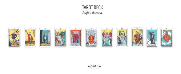 tarot card colorful deck. major arcana set part . vector hand drawn engraved style. occult and alche
