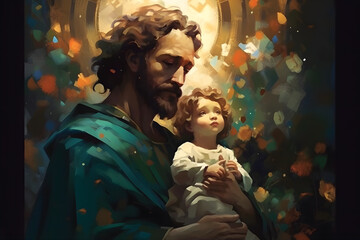 Saint Joseph St. Joseph with Jesus Christ, the Patron Saint of the Catholic Church. San Jose. Generative ai. Patron Saint of Fathers, Workers