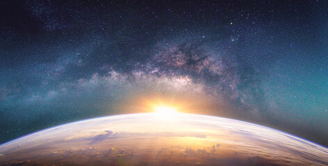 Wall Mural - landscape with milky way galaxy. sunrise and earth view from space with milky way galaxy. (elements 