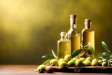 Olive oil bottles with fresh olives and olive leaves. Generative AI.