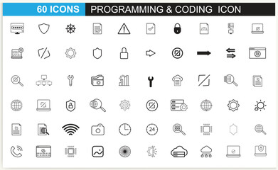developer icon set. included the icons as code, programmer coding, mobile app, api, node connect, fl