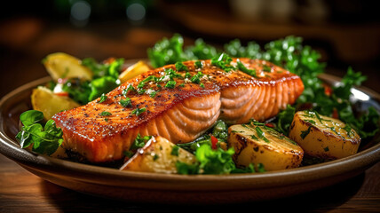 Seafood salad with salmon, shrimp, mussels, herbs and tomatoes. Generative ai