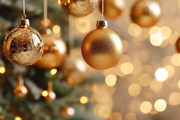 christmas background with golden baubles and bokeh lights.