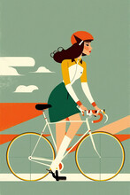 Ai Generated Illustration Mid Century Art Style Of Female Cyclist