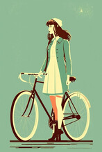 Ai Generated Illustration Mid Century Art Style Of Female Cyclist