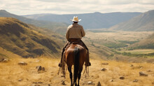 Cowboy Mounted On Horseback, Viewed From Behind, Wearing A Ha Generative AI