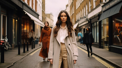 stylish woman in a beige coat walks along a busy street. generative ai
