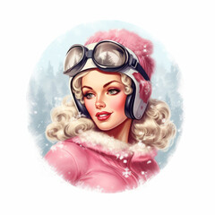 Wall Mural - Elegant blond skier. Retro Pin-up. Generative AI