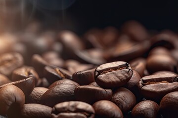 Wall Mural - Brewing Generative CafÃ© Espresso: Closeup of Roasted Coffee Beans Against Dark, Blurred Burlap CafÃ© Background: Generative AI