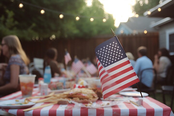 Holidays concept. People celebrating 4th of July, Independence Day in USA. A lot of people, warm summer evening, table, garlands, fireworks, bokeh and blurry people background. Generative AI