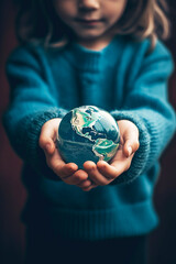 A small living planet Earth in the hands of a child. The concept of caring for the planet and protecting the environment and the world in which we live.Generative AI.