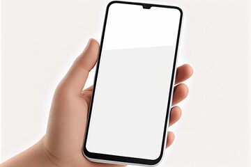 Wall Mural - Female hand holding a smartphone with a white screen on a white background
