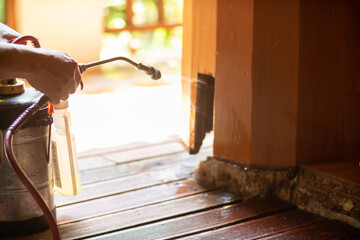 man chose to use exterminate chemicals Termites that are not toxic to humans are mixed with water in a tank for spraying Exterminate termites allow young men to spray termites themselves by himself