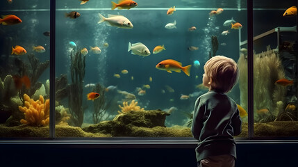 Boy watching fish in the aquarium.
