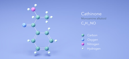 cathinone molecule, molecular structures, benzoylethanamine, 3d model, Structural Chemical Formula and Atoms with Color Coding