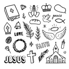 Christian Doodles. Vector Hand Drawn Illustrations About Religion And Church.  Line Art Religious Illustrations. 