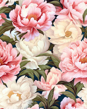 Hand Drawing Wallpaper Tileable Pattern Of Peonies Created With Generative AI Technology