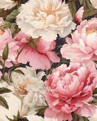  Hand drawing wallpaper tileable pattern of peonies created with Generative AI technology