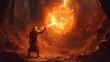 © X-Poser - A mage conjuring a fireball in a dark and dangerous cave . Fantasy concept , Illustration painting. Generative Ai