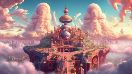 Wall Mural - A magical city in the clouds . Fantasy concept , Illustration painting. Generative Ai