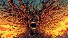 A Nightmarish Monster Tree On The Background Of A Fiery Sky. . Fantasy Concept , Illustration Painting. Generative Ai