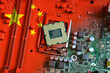 Florence, June 2023: Flag of the Republic of China on a red painted pc motherboard with a CPU. Concept for supremacy in global microchip and semiconductor manufacturing. Italy