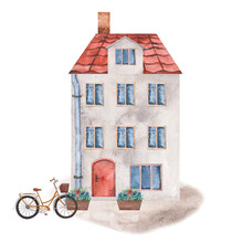 Watercolor Illustration Of A House With A Red Tiled Roof, Windows, A Red Door And Flowerpots With Flowers And A Bicycle. Isolated Clipart For Postcards, Posters, Prints. Children's Illustration.