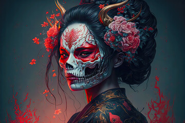 Day of the Dead Geisha. Generative AI, non-existent person.	