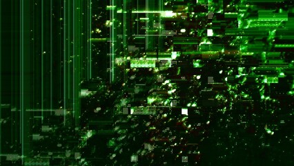 Defected green HUD interface 3D Illustration with abstract digital code. Concept glitch background as cyberpunk computer meltdown overlay with fragments and hex code of alien communication decryption