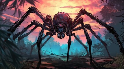 Wall Mural - A giant spider lurking in the shadows . Fantasy concept , Illustration painting. Generative Ai