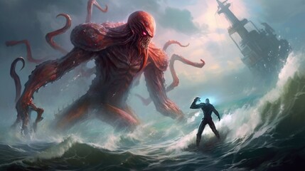 robot fighting a sea monster in a futuristic ocean . Fantasy concept , Illustration painting. Generative Ai