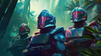 Wall Mural - A group of space knights on a quest to retrieve a powerful artifact . Fantasy concept , Illustration painting. Generative Ai